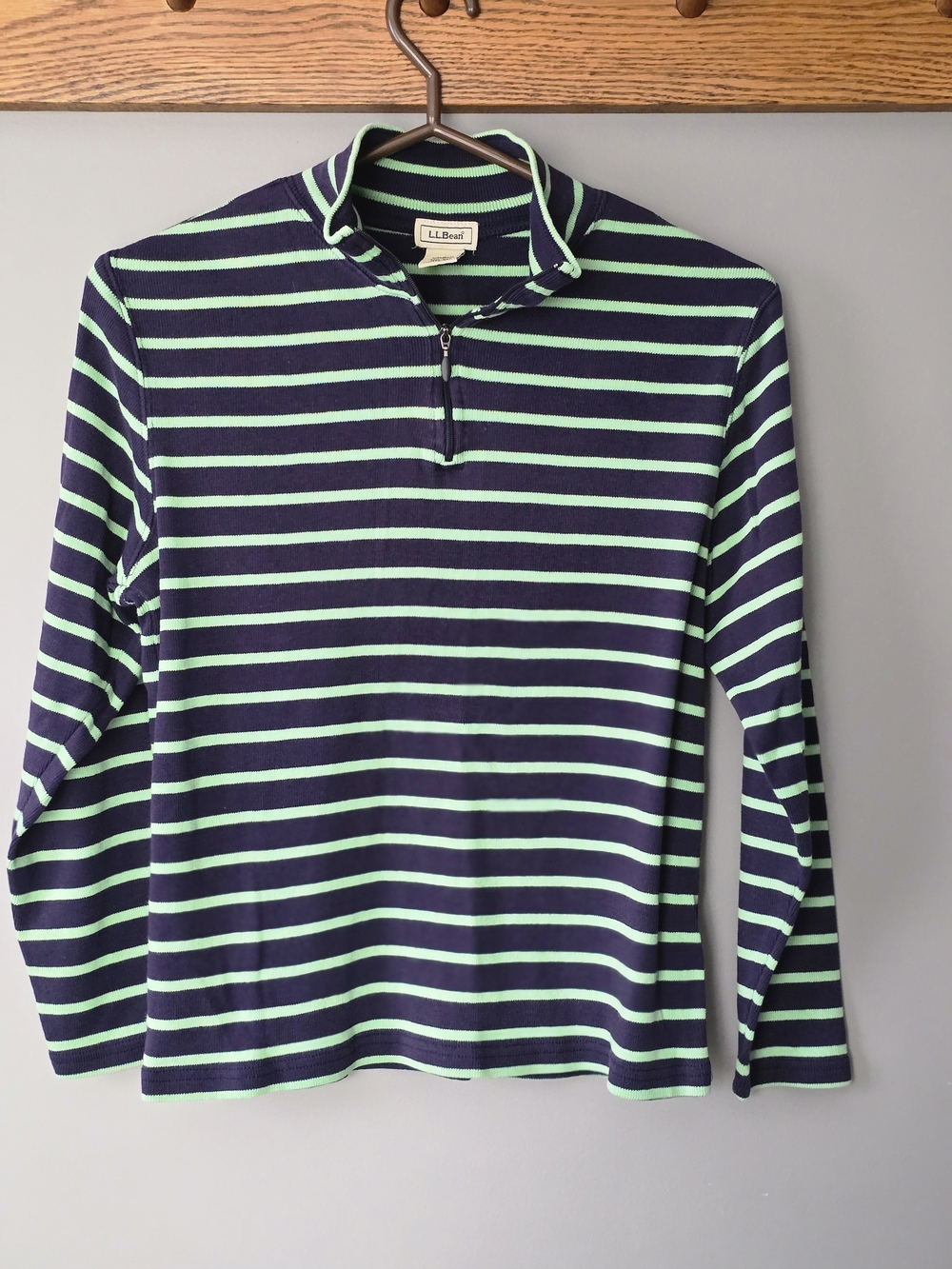 Sz Med 100 % Cotton. Navy and green striped quarter-zip pullover from L.L.Bean